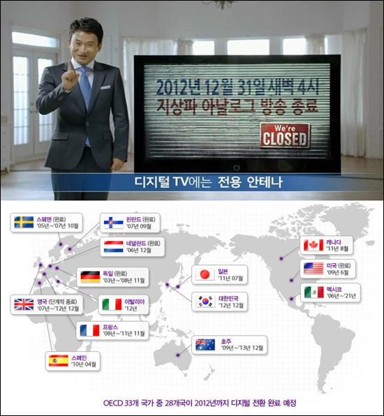 한국은 2012년 12월 31일 새벽 4시에 전국의 아날로그방송을 종료하고 디지털방송으로 전면 전환한다. 디지털전환 홍보영상 갈무리.