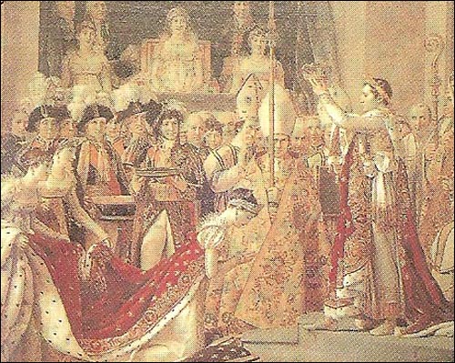 나폴레옹(오른쪽)의 황제 대관식. 옆에 있는 교황으로부터 왕관을 빼앗아 스스로 왕관을 쓰는 장면이 인상적이다.(출처 : 교학사판 고등학교 <세계사>)