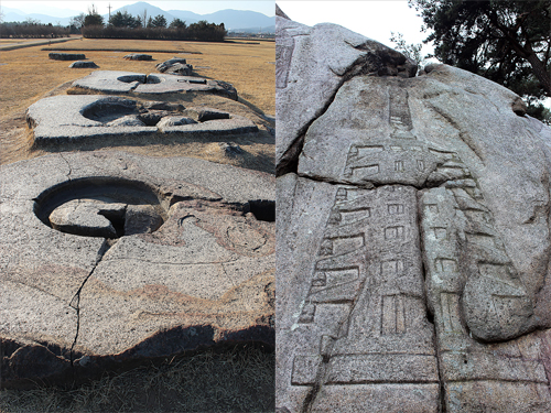 황룡사터(왼쪽 사진)의 유물들. 오른쪽 사진은 황룡사 9층목탑의 실제 모습을 알 수 있게 해주는 소중한 유적으로, 경주 남산 동쪽 기슭의 커다란 바위에 새겨져 있는 탑의 그림이다.