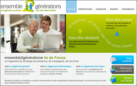 노인과 학생의 동거를 주선하는 '두 세대가 같이(Ensemble 2 Generations' 홈페이지 