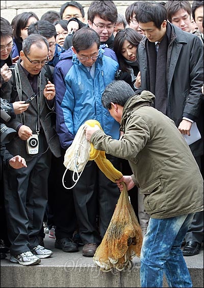  박원순 서울시장이 청계천에 서식하는 물고기를 살펴보고 있다.