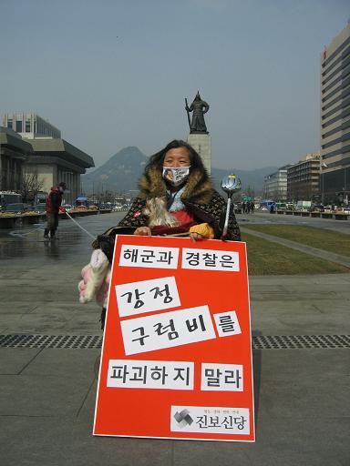 7일 오후 1시, 광화문 광장에서 가을향기님이 '구럼비를 폭파하지 말라'는 일인시위에 참여하고 있다. 