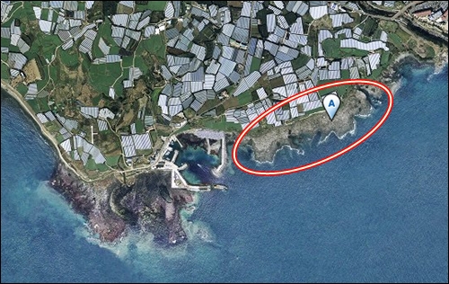 약 1.2km 길이의 바위 하나로 길게 이루어진 강정마을 구럼비 바위. 원 왼쪽에 항구 시설이 보인다.