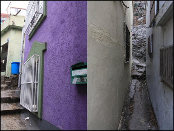 감청동 마을의 집집마다 칠해놓은 파스텔톤의 벽과 오른쪽 사진은 좁은 골목길로 성인이 간신히 지나갈 만큼 좁은 골목길이다.