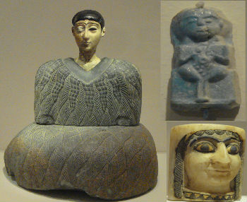 　　사진 왼쪽, 중앙아시아에서 나온 여신상으로 몸은 녹니암(綠泥岩), 얼굴은 석회암으로 되어있습니다. 오른쪽 위, 라피스라즈리로 만든 서아시아 여신으로 슈메르 사람들이 이난나(Inanna), 바빌로니아 사람들이 이슈탈(Ishtar)이라고 부르는 신입니다. 오른쪽 아래, 설화석고(雪花石膏)로 만든 메소포타미아 여신으로 눈알은 라피스라즈리를 상감기법으로 끼워 넣어서 만들었습니다. 수메르의 니사바(Nisaba)와 가깝습니다.  