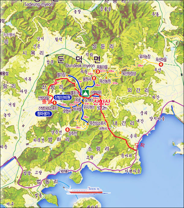 등산지도 이날 산행한 산방산 등산코스. 산방마을-산중턱임도 공터(3.1km)-정상(0.5km)-거제면 옥산마을(6.5km) = 총 10.1km.