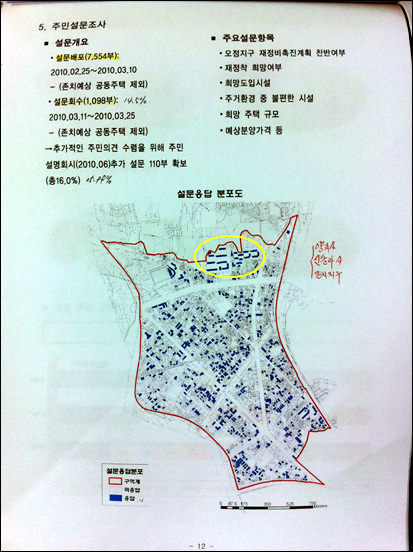  오정지구재정비촉진계획수립 과정에서 2010년 2월 25일부터 한달여간 실시한 주민설문조사에서 존치예상 공동주책의 경우는 제외하기로 되어 있는데, 존치관리구역으로 설정되어 있는 신동아아파트와 양지마을아파트 구역에서도 응답한 것으로 표기되어 있다(노란 색 원이 왼쪽 신동아아파트와 오른쪽 양지마을아파트).