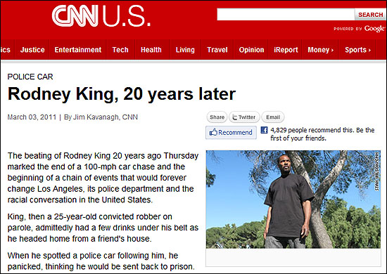 20년 전 LA 흑인 폭동의 계기가 되었던 '로드니 킹 사건'의 당사자 로드니 킹이 지난해 사건 발생 20주년을 맞아 CNN과 가진 인터뷰 기사.