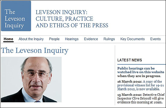 영국의 도청스캔들을 조사하기 위해 만들어진 '레베슨조사위원회'의 홈페이지. 
