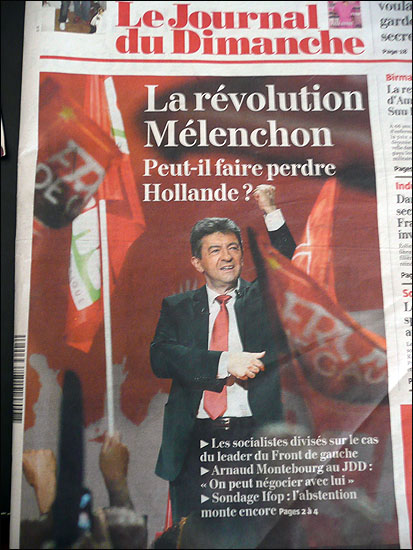 '멜랑숑 혁명, 올랑드를 물리칠 수 있을까?'. 지난 4월 1일자 <일요신문 Le Journal du Dimanche>에 실린 멜랑숑 후보.