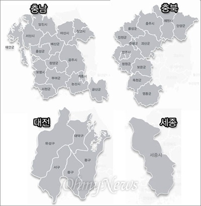 대전과 충남, 충북, 세종시 선거구별 지도.