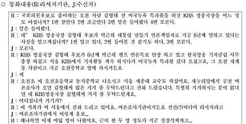 선진사회언론포럼 사무실에서 걸려온 전화 통화내용을 정리한 녹취록 일부. 전화홍보원은 새누리당 포항남.울릉 김형태 후보의 지지를 부탁했다.