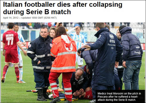  피에르마리오 모로시니의 경기 중 심장마비 사망을 보도하는 CNN