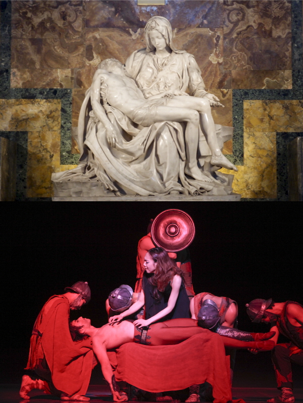 마지막 '스파르타쿠스의 죽음' 장면(아래)은 산 피에트르 대성당에 있는 미켈란젤로의 '피에타의 성모'(위)를 연상시킨다.