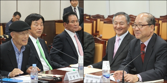 진주포럼 김영기 대표(사진 가장 왼쪽)와 김휘동 개편위 추진위원이 대화를 나누고 있다. 