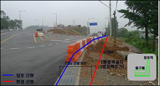 파란색 선 당초 도로선형, 붉은색 선 변경된 도로선형