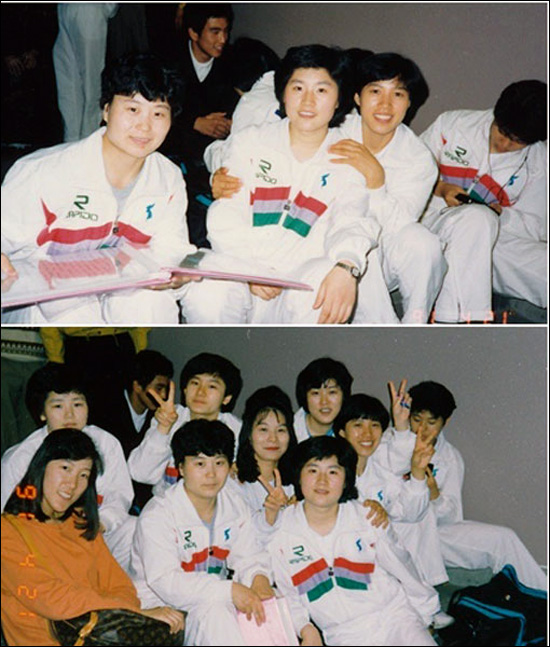  1991년 남북 탁구단일팀 사진. 코리아 영화제작사는 1991년 남북탁구단일팀 선수단의 사진을 공개했다. 현정화와 리분희 선수를 비롯한 선수들의 앳된 표정이 눈에 띈다.