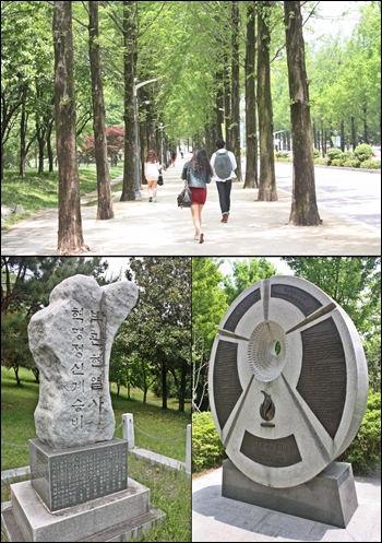 (사진 위쪽부터 시계방향으로)관현로, 5·18민중항쟁 사적비, 박관현 열사 혁명정신 계승비.