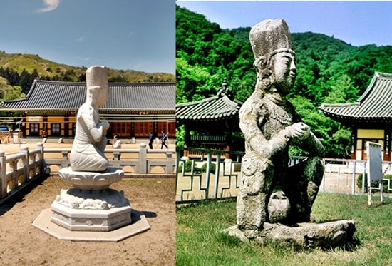 탑 앞에 놓인 보살좌상. 좌측은 모사품으로 현재 탑 앞에 놓여있으며, 우측은 보물로 지정된 보살좌상. 문화재청 자료이다