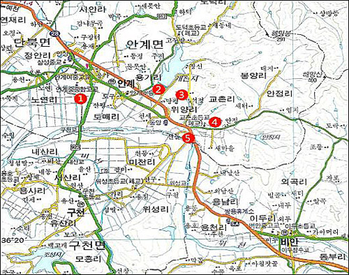 안계면 답사지도 (1) 대제지 유허비, 안계평야 (2) 개천지, 선정비 (3) 봉성서당 (4) 비안향교 (5) 선돌, 부흥대, 관조대