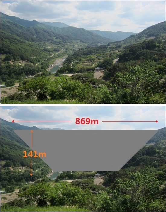 지리산댐이 들어설 것으로 예상되는 문정마을 일대(위), 길이 869m, 높이 141m의 댐의 규모(아래)