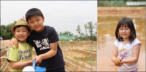 (좌) 주말이면 노들 텃밭을 찾는 김능희(10), 능근(9, 사진 왼쪽) 형제.(우) 논에서 소금쟁이를 잡으며 노는 어린이 참가자.