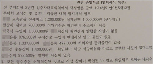  전임 부녀회장 K씨는 1000여만 원에 가까운 예산을 '먹고 마시고 노는' 등의 용도로 사용하고, 회계장부를 맞추기 위해 간이계산서 등으로 허위영수증을 만들어 첨부한 사실이 드러났다. 사진은 비대위가 확인조사해 수사기관 고발 증빙자료로 정리해 놓은 허위영수증 첨부 내역. 