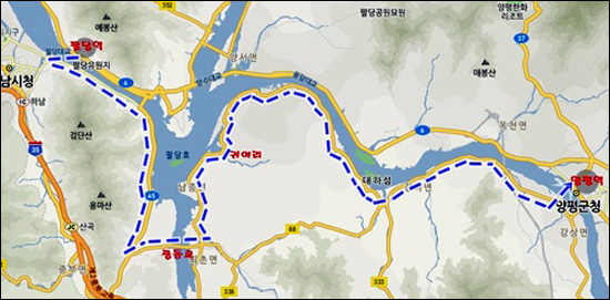 수도권 중앙선 전철 팔당역에 내려 남한강의 남쪽 강변을 따라 양평역까지 달려가는, 자전거 고수가 되기 위한 길