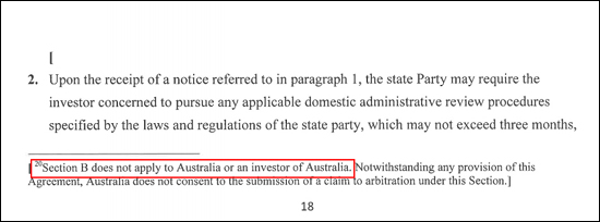 투자자-국가 소송제를 다루고 있는 섹션 B 18쪽 아래 각주를 보면, 호주는 TPP의 투자-국가 소송제의 적용 대상이 아니라고 명시돼있다. 