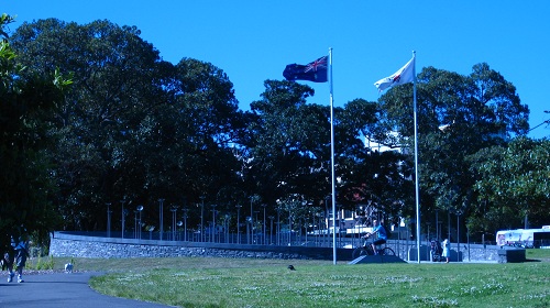호주 시드니 센테니얼 파크. 태극기와 호주 국기가 나란히 서 있다