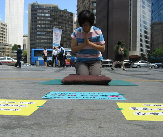 27일 오후, 서울 중구 대한문 앞에서 지리산 공동행동(준)의 회원이 '지리산 용유담 명승지정을 기원하는 천 배'를 올리고 있다. 