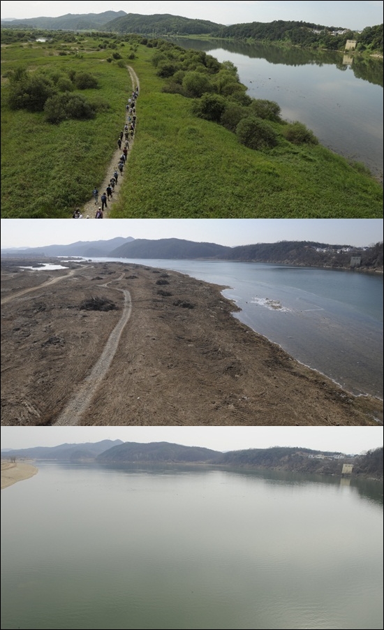 남한강의 대표 습지인 바위늪구비가 4대강 사업으로 인해 사라지고 거대한 인공 호수만 남았다. 위에서부터 2009년, 2010년, 2011년 바위늪구비의 모습이다. 