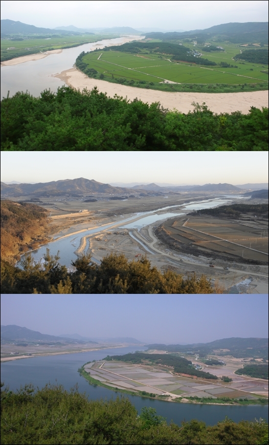 경북 상주에 자리잡은 경천대 전경이다. 위에서부터 2009년부터 2010년, 2012년의 모습. 자연의 모래톱은 사라지고 인공 수로가 만들어졌다. 