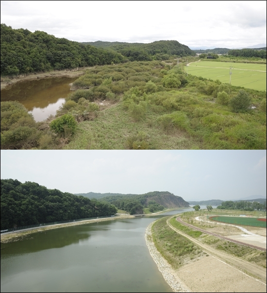 남한강변의 소양천 합수부 비교 사진. 위는 2009년에 찍은 사진으로 습지가 있었지만 2012년(아래)는 인공수로만 남은 상태다. 