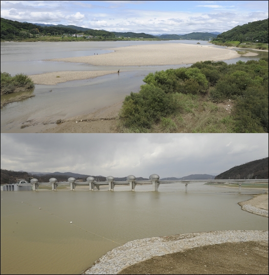 경기 여주, 남한강변의 이포습지의 사진이다. 위는 2009년으로 아래의 2012년은 습지는 사라지고 인공 호수가 조성된 상태다. 