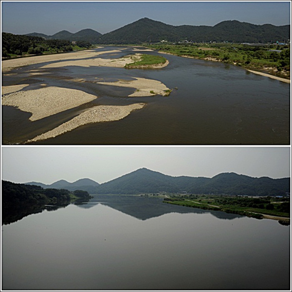 금강 백제 큰 다리 부근 금강 공사 전(2009년)과 후(2012년)