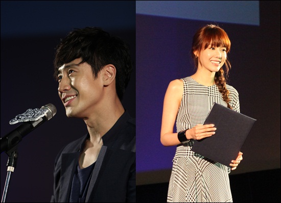  28일 미쟝센단편영화제 개막식에 참여한 배우 신하균(좌)과 김아중