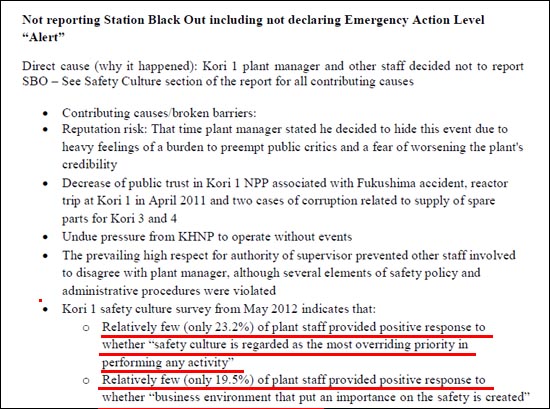  IAEA 최종 보고서 가운데 고리 1호기 직원들의 안전문화 조사 내용을 언급한 대목(빨간 밑줄)  