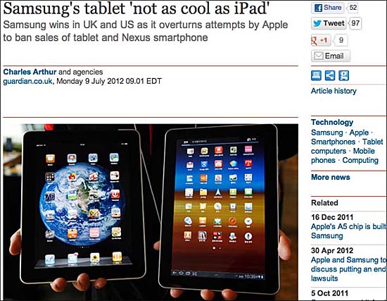 <가디언> 인터넷 판, "삼성의 태블릿 '아이패드만큼 쿨하지 않아'"