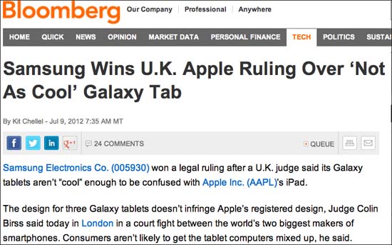 <블룸버그> 인터넷 판, "삼성, '쿨하지 않은' 갤럭시탭으로 애플과의 소송에서 승리"