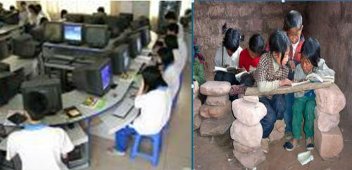 　　중국의 지역 간 격차를 나타내는 모습입니다. 도시 지역에서는 컴퓨터를 사용하여 공부를 하고, 농촌지역에서는 교실에 책걸상이 없어서 돌 위에 판자를 놓고 책을 보고 있습니다.  