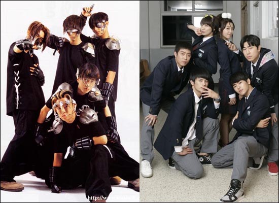  1996년 데뷔해 활동했던 5인조 아이돌 그룹 H.O.T(왼쪽)와 그 당시를 배경으로 2012년 만들어진 tvN 드라마 <응답하라 1997>의 출연 배우들. 