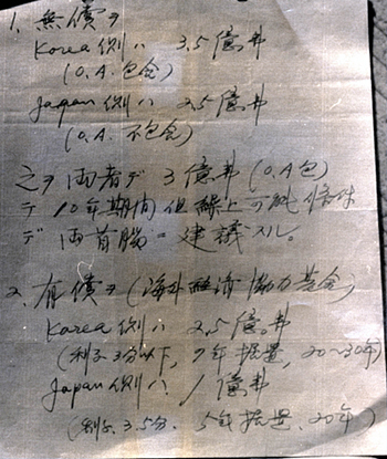 1962년 11월12일 김종필 당시 중앙정보부장과 오히라 일본 외무장관이 대일 청구권 문제를 타결지을 당시 작성된"김-오히라 메모"원본.