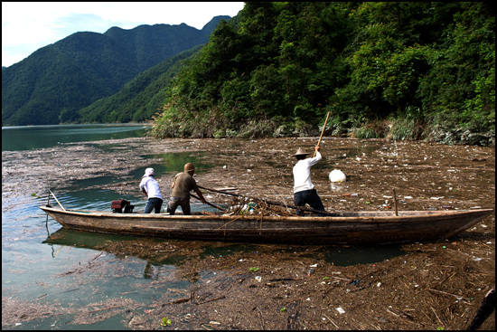 호산호수에서 폭우에 떠 내려온 쓰레기를  청소하고 있는 중국인