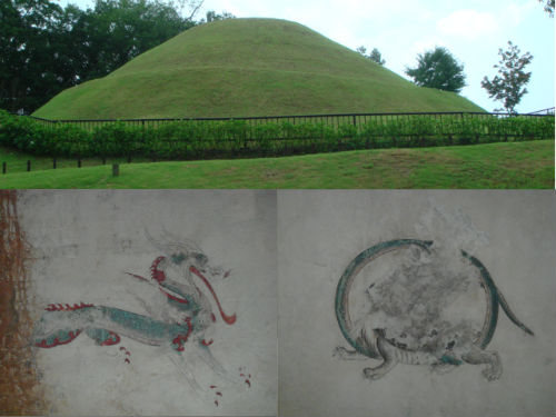 　　새로 복원해 놓은 다카마츠 고분과 무덤 안에 그려있는 청룡과 현무 그림입니다. 