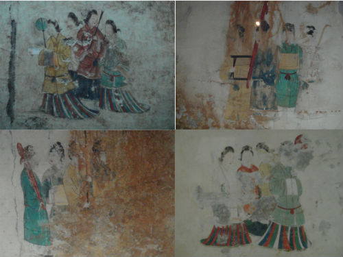 　　사진 위쪽은 다카마츠 무덤 서쪽 벽에 그려진 남자 무리와 여자 무리이고 사진 아래는 동쪽 벽에 그려진 남자무리와 여자 무리입니다. 
