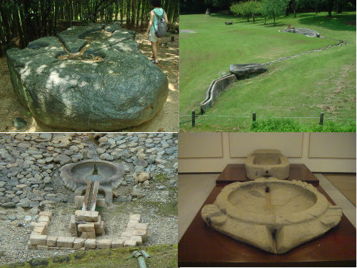 　　사진 왼쪽 위는 사이부네이시입니다. 오른쪽 위는 사이부네이시를 이용한 돌 정원입니다. 사진 아래 오른쪽은 사이부네이시 아래쪽에서 발견된 거북이 모양 물그릇이고 왼쪽은 발굴하여 복원된 모습니다. 
