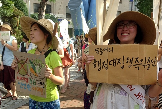  팔당유기농단지 강제철거에 반대하는 시민들이 29일 오후 서울 명동을 행진하고 있다.