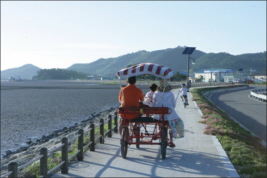 증도 갯벌을 따라 자전거를 타고 가는 여행객들. 증도는 '자전거의 섬'답게 자전거를 타고 돌기에 맞춤이다.