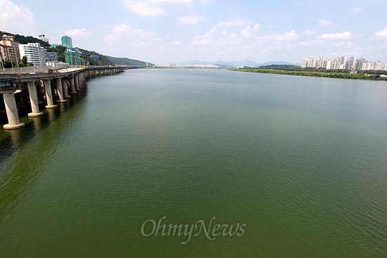 한강에 녹조현상이 발생한 가운데 8일 오후 서울 광진구 광장동 광진교에서 바라본 상류쪽 물빛이 녹색을 띠고 있다.